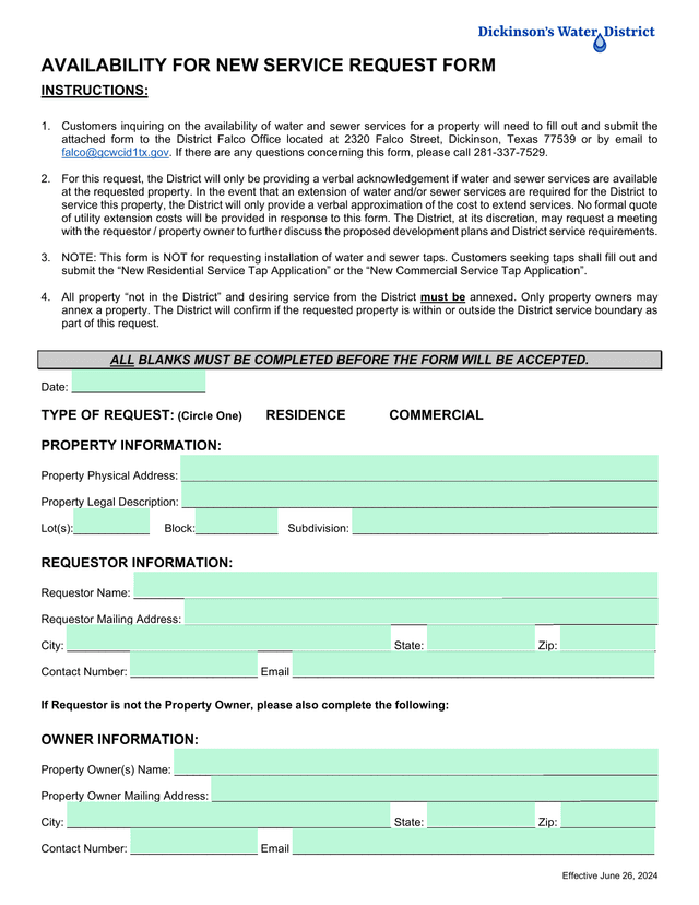 Availability For New Service Request Form screenshot
