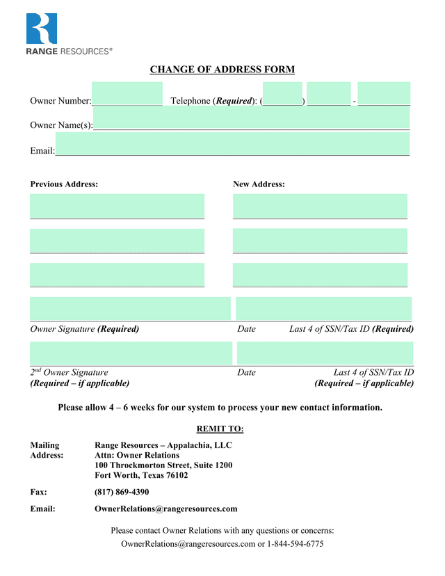 CHANGE OF ADDRESS FORM screenshot