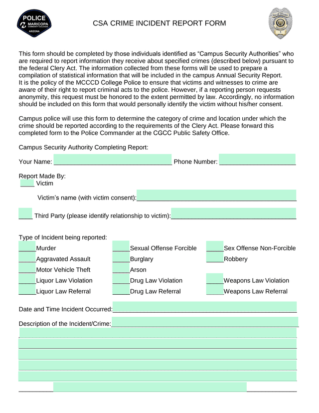 CSA Crime Incident Report Form screenshot