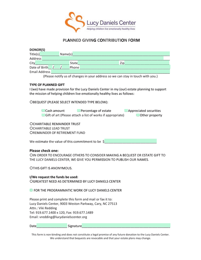PLANNED GIVING CONTRIBUTION FORM screenshot