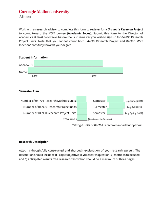 MS Research Project Approval Form screenshot