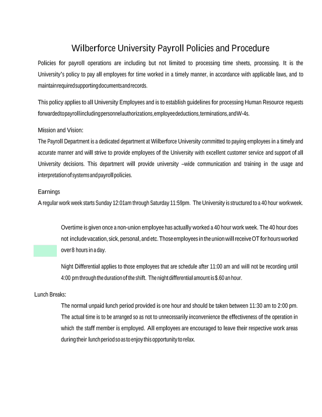Wilberforce University Payroll Policies And Procedure screenshot