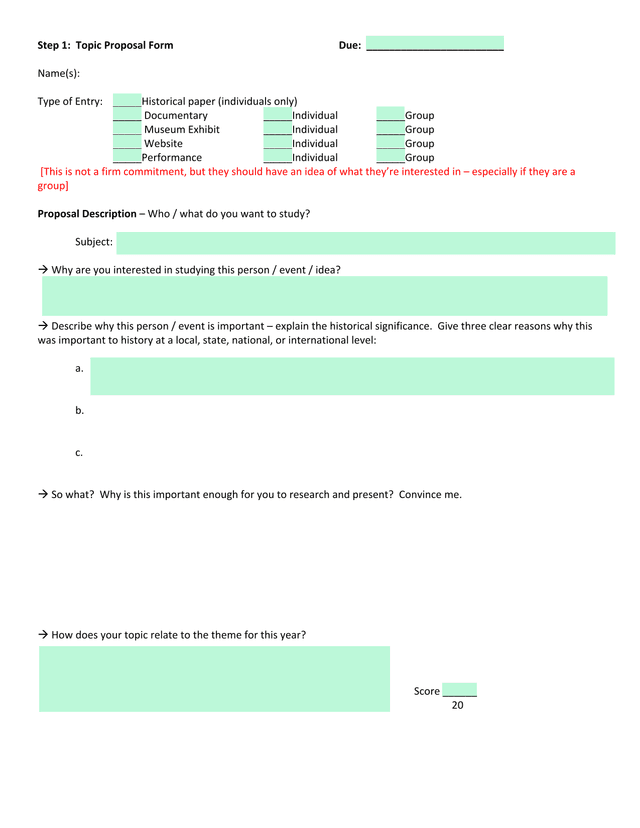 Step 1 Topic Proposal Form screenshot