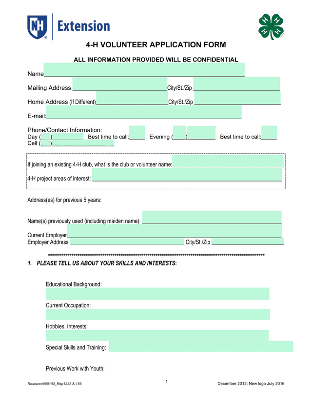 4 H VOLUNTEER APPLICATION FORM screenshot