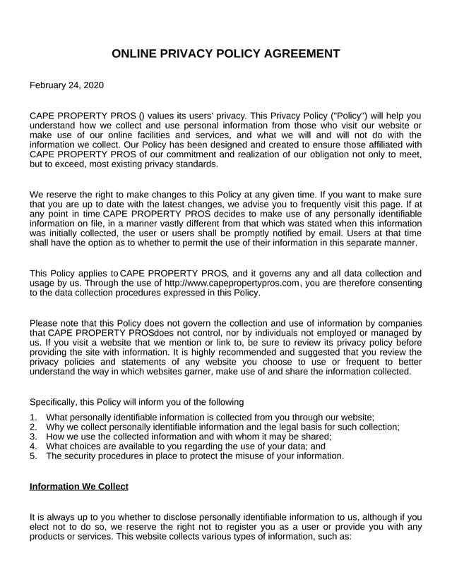 Online Privacy Policy Agreement screenshot