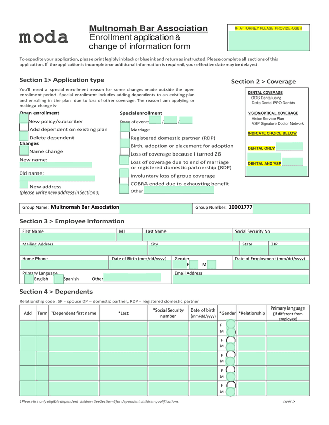 Multnomah Bar Association Enrollment Application  Change Of Information Form screenshot