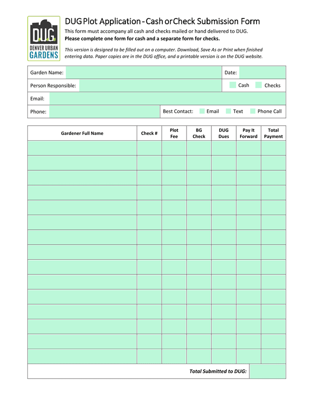 DUG Plot Application   Cash Or Check Submission Form screenshot
