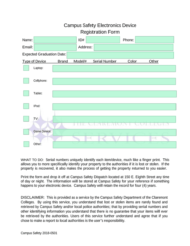 Campus Safety Electronics Device Registration Form screenshot