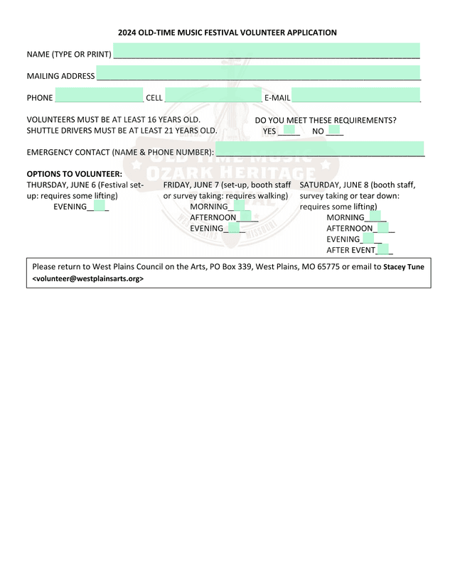 2024 Old Time Music Festival Volunteer Application screenshot