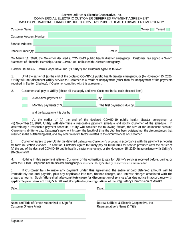 Commercial Electric Customer Deferred Payment Agreement screenshot