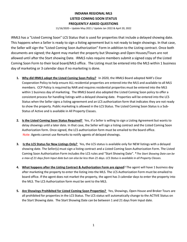 Indiana Regional MLS Listed Coming Soon Status Frequently Asked Questions screenshot
