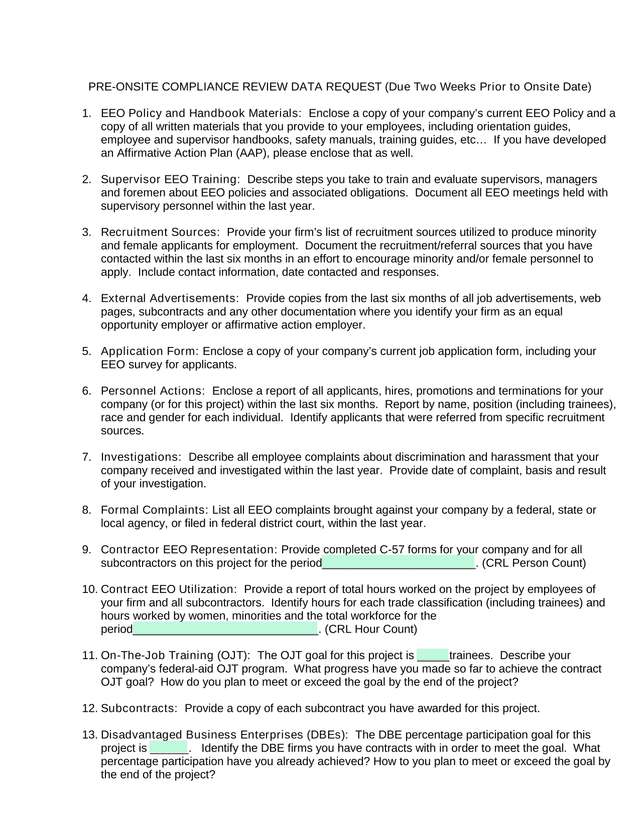 Pre Onsite Compliance Review Data Request screenshot