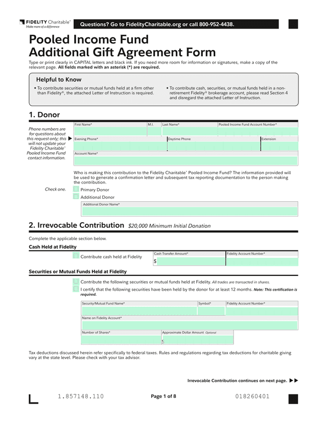 Pooled Income Fund Additional Gift Agreement Form screenshot