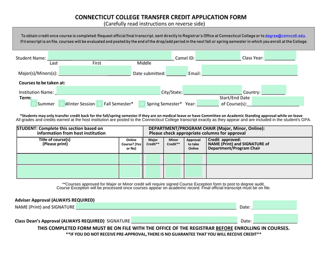 Connecticut College Transfer Credit Application Form screenshot