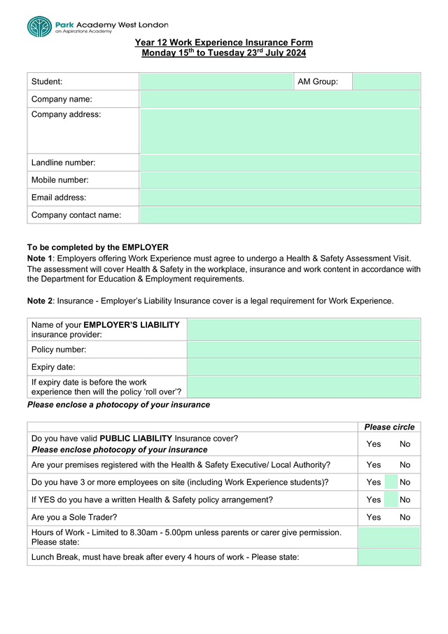 Year 12 Work Experience Insurance Form screenshot