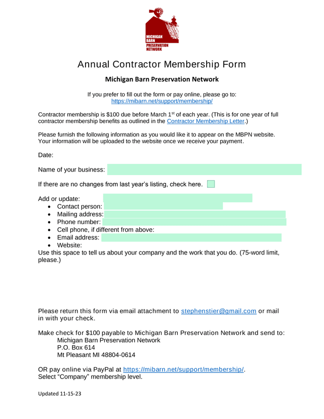 Annual Contractor Membership Form screenshot