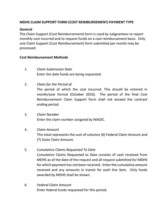 MDHS CLAIM SUPPORT FORM (COST REIMBURSEMENT) PAYMENT TYPE screenshot