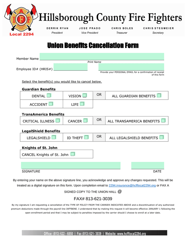 Union Benefits Cancellation Form screenshot