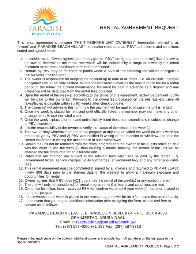 RENTAL AGREEMENT REQUEST screenshot