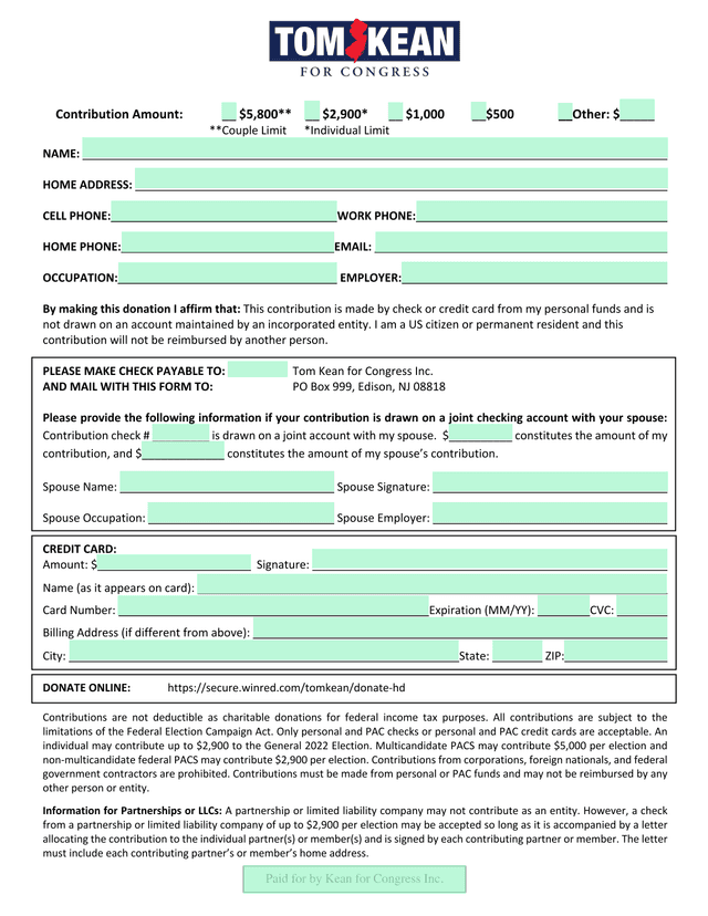 Contribution Form For Tom Kean For Congress Inc. screenshot
