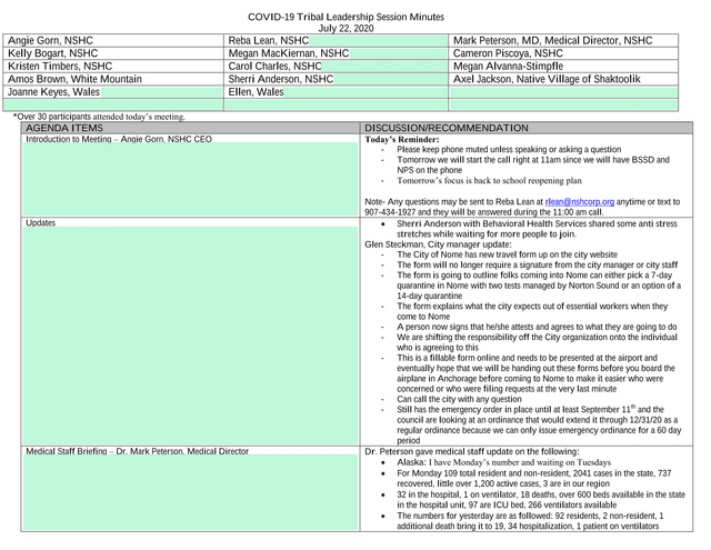 COVID 19 Tribal Leadership Session Minutes screenshot