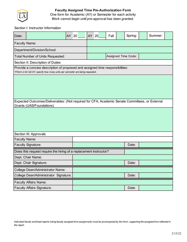 Faculty Assigned Time Pre Authorization Form screenshot
