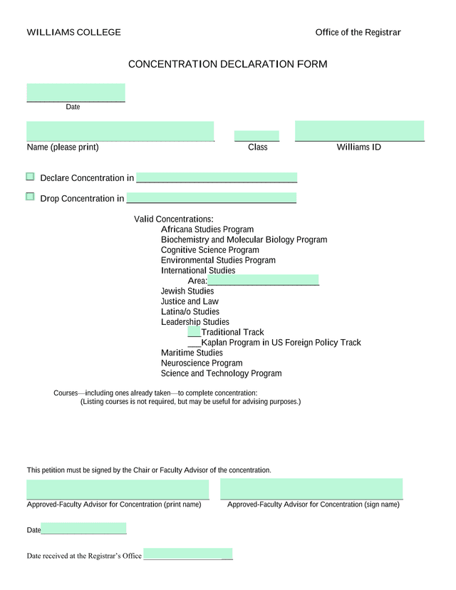 Concentration Declaration Form screenshot