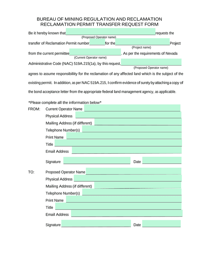 Reclamation Permit Transfer Request Form screenshot