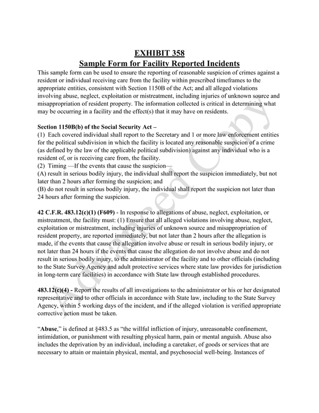 Sample Form For Facility Reported Incidents screenshot