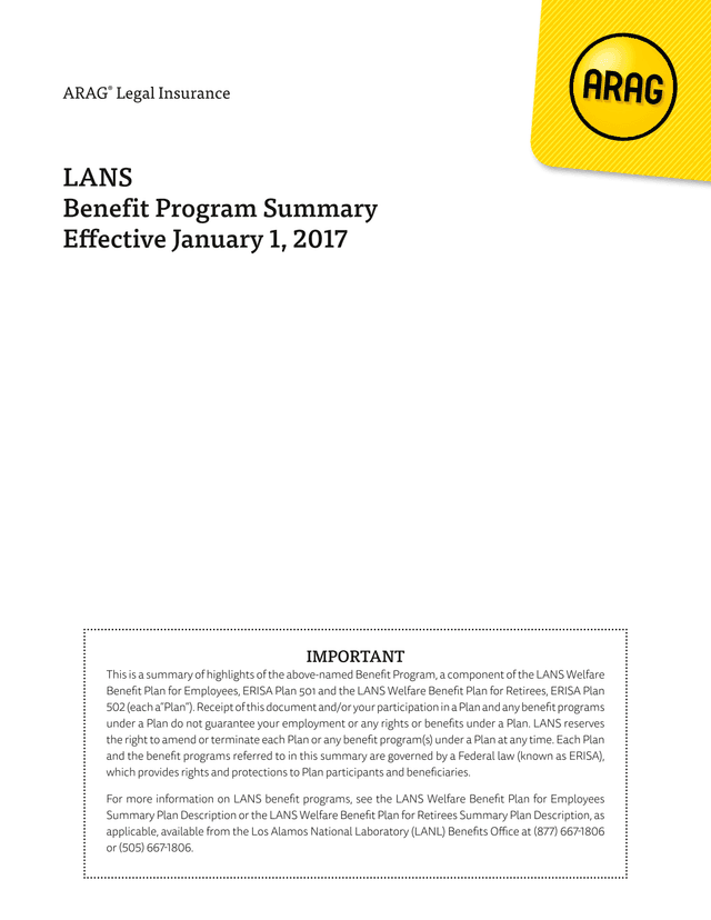 ARAG Legal Insurance LANS Benefit Program Summary screenshot
