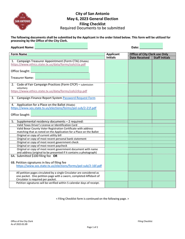 City Of San Antonio May 6, 2023 General Election Filing Checklist screenshot