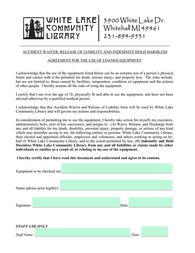Accident Waiver, Release Of Liability And IndemnityHold Harmless Agreement For The Use Of Loaned Equ screenshot