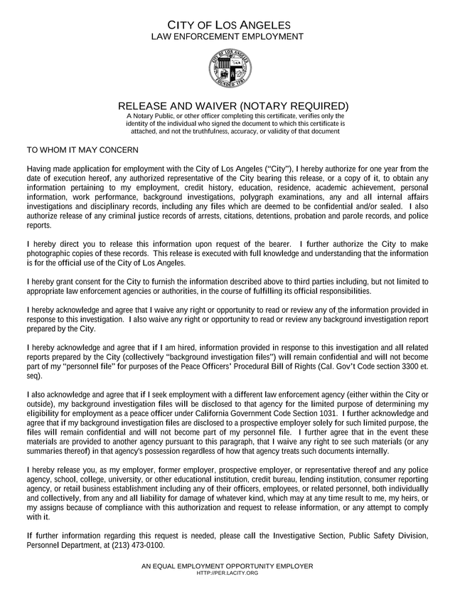 Law Enforcement Employment Release And Waiver screenshot