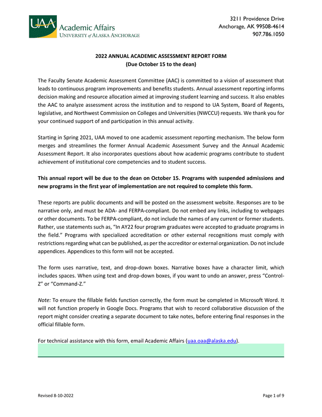 2022 Annual Academic Assessment Report Form screenshot
