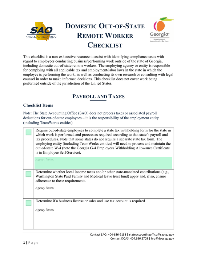 Domestic Out Of State Remote Worker Checklist screenshot