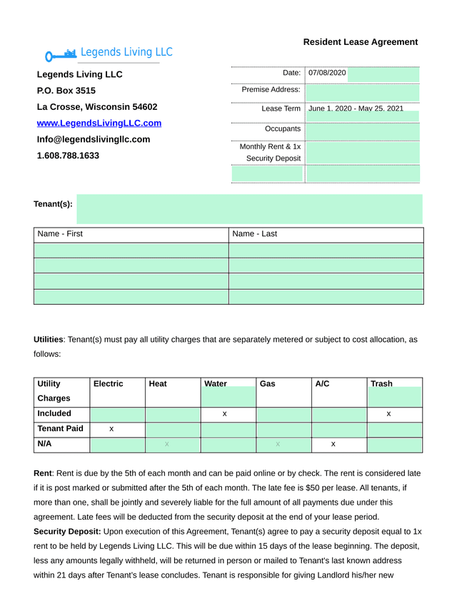 Resident Lease Agreement screenshot