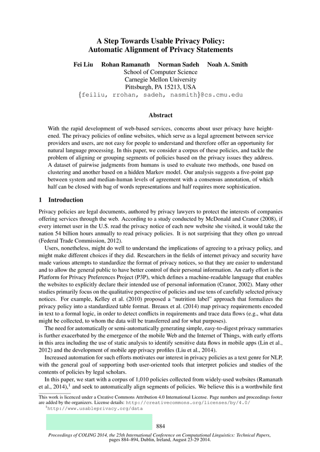 A Step Towards Usable Privacy Policy Automatic Alignment Of Privacy Statements screenshot