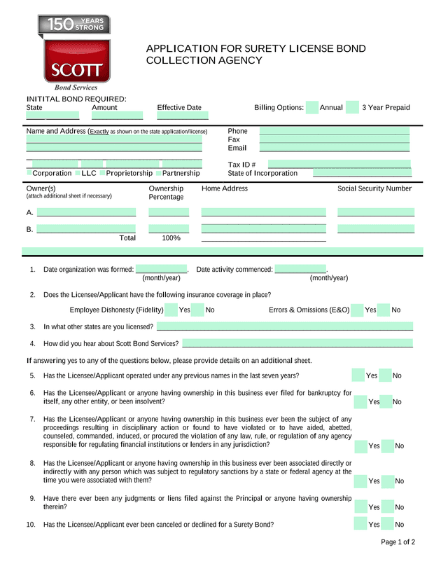 APPLICATION FOR SURETY LICENSE BOND COLLECTION AGENCY screenshot