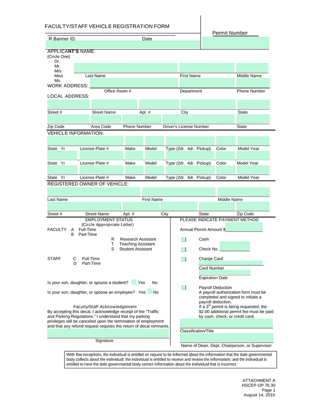 FACULTYSTAFF VEHICLE REGISTRATION FORM screenshot