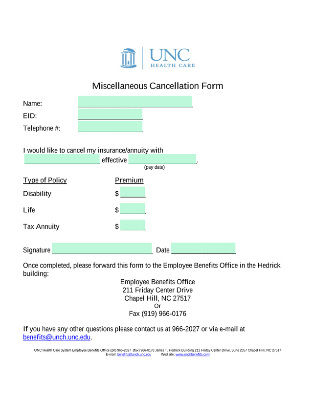 Miscellaneous Cancellation Form screenshot