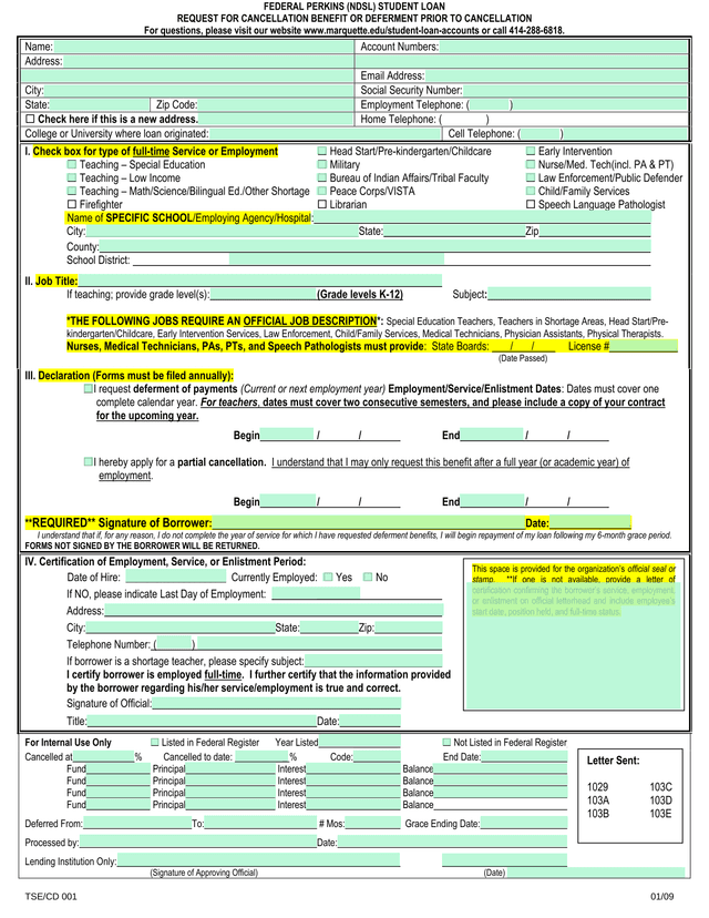 Federal Perkins (NDSL) Student Loan Request For Cancellation Benefit Or Deferment Prior To Cancellat screenshot