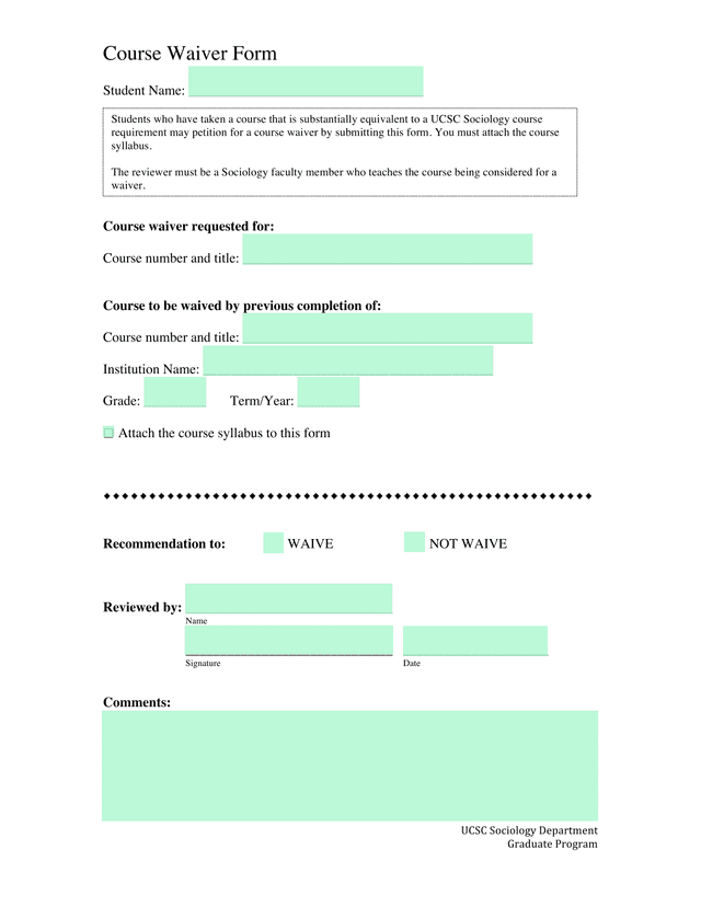 Course Waiver Form screenshot