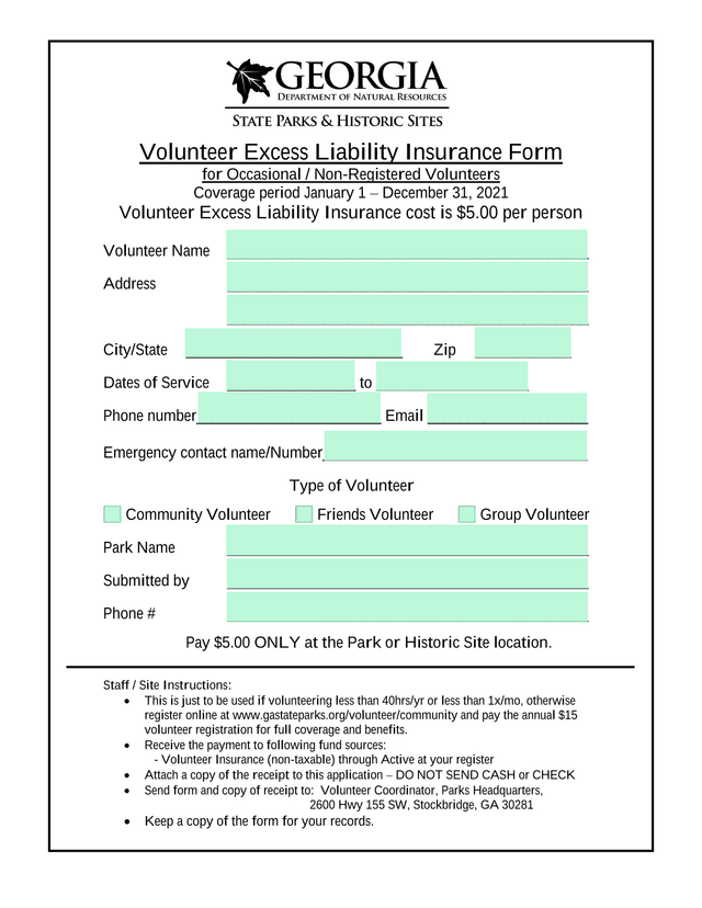 Volunteer Excess Liability Insurance Form screenshot