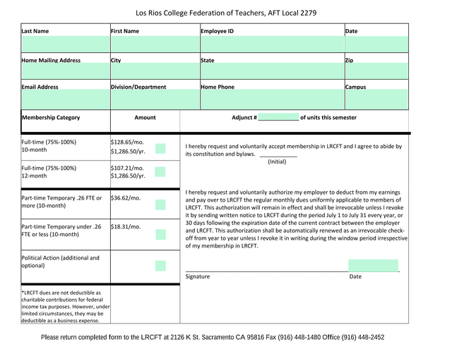 Los Rios College Federation Of Teachers Membership Form screenshot