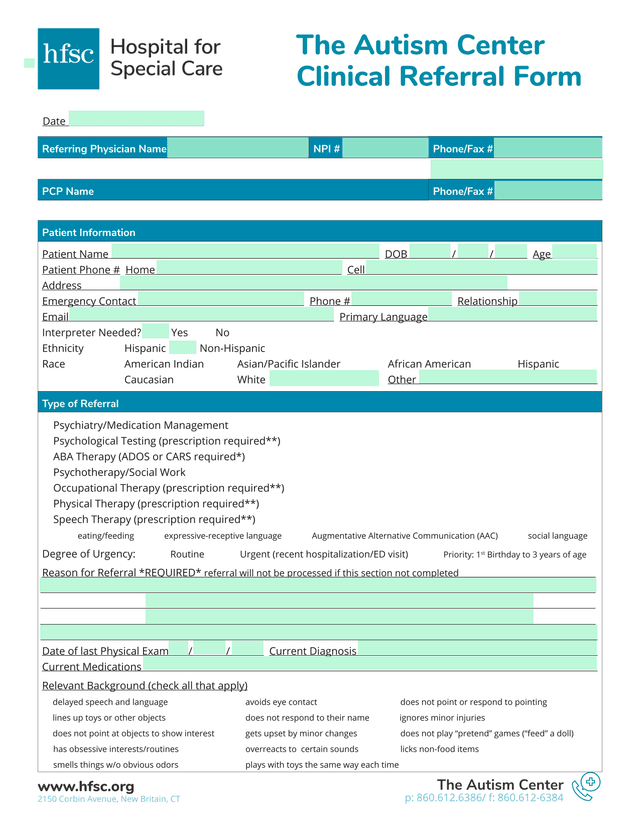The Autism Center Clinical Referral Form screenshot