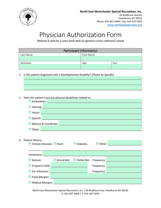 Physician Authorization Form screenshot