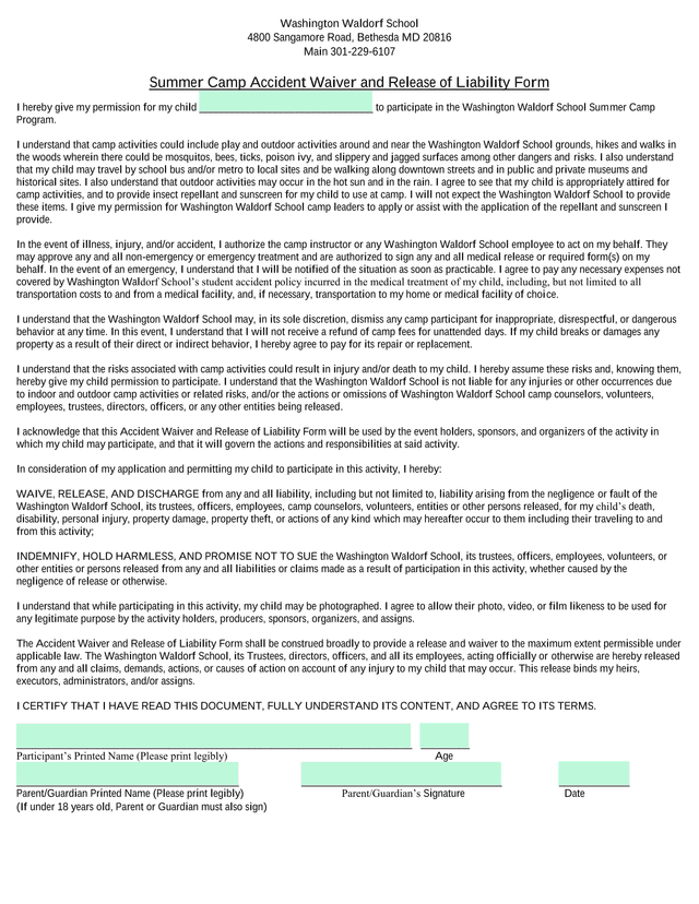Summer Camp Accident Waiver And Release Of Liability Form screenshot