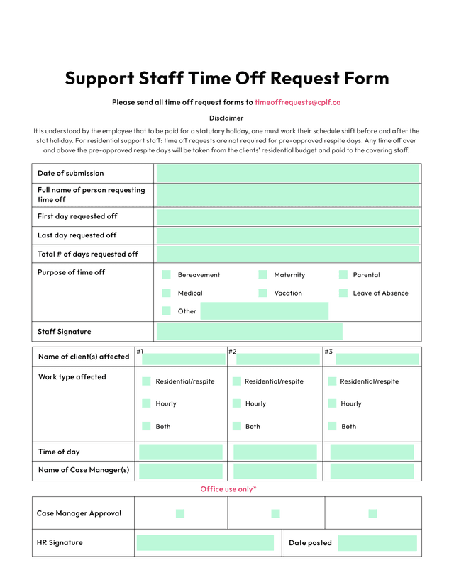 Support Staff Time Off Request Form screenshot