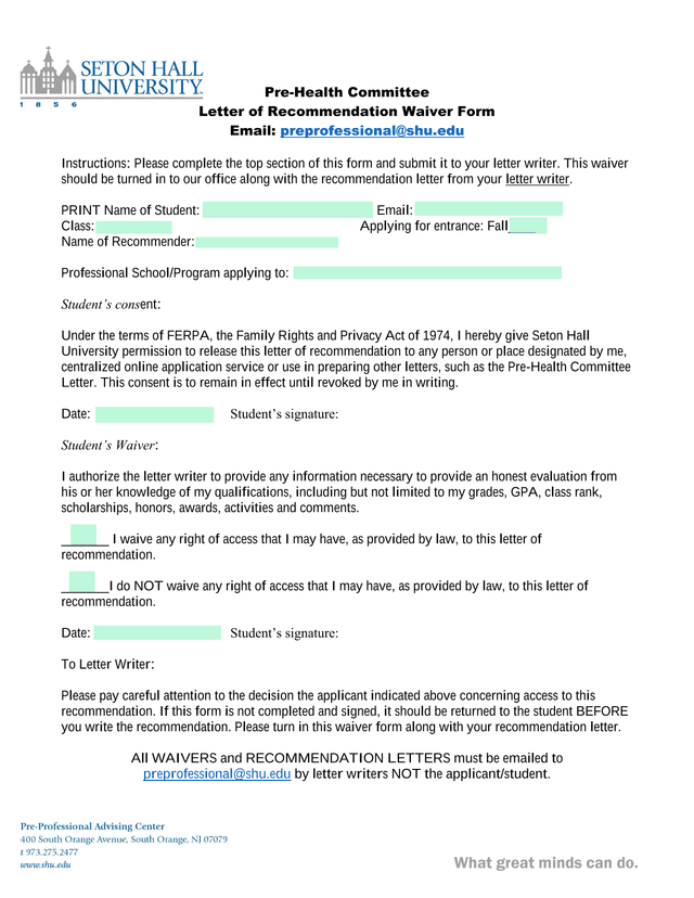 Pre Health Committee Letter Of Recommendation Waiver Form screenshot