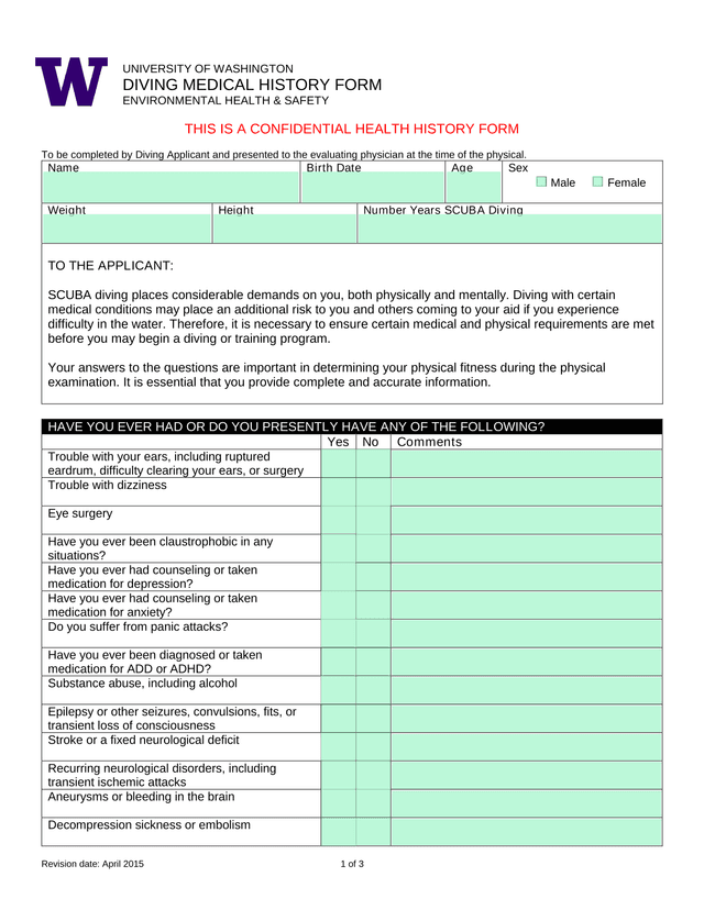 University Of Washington Diving Medical History Form screenshot
